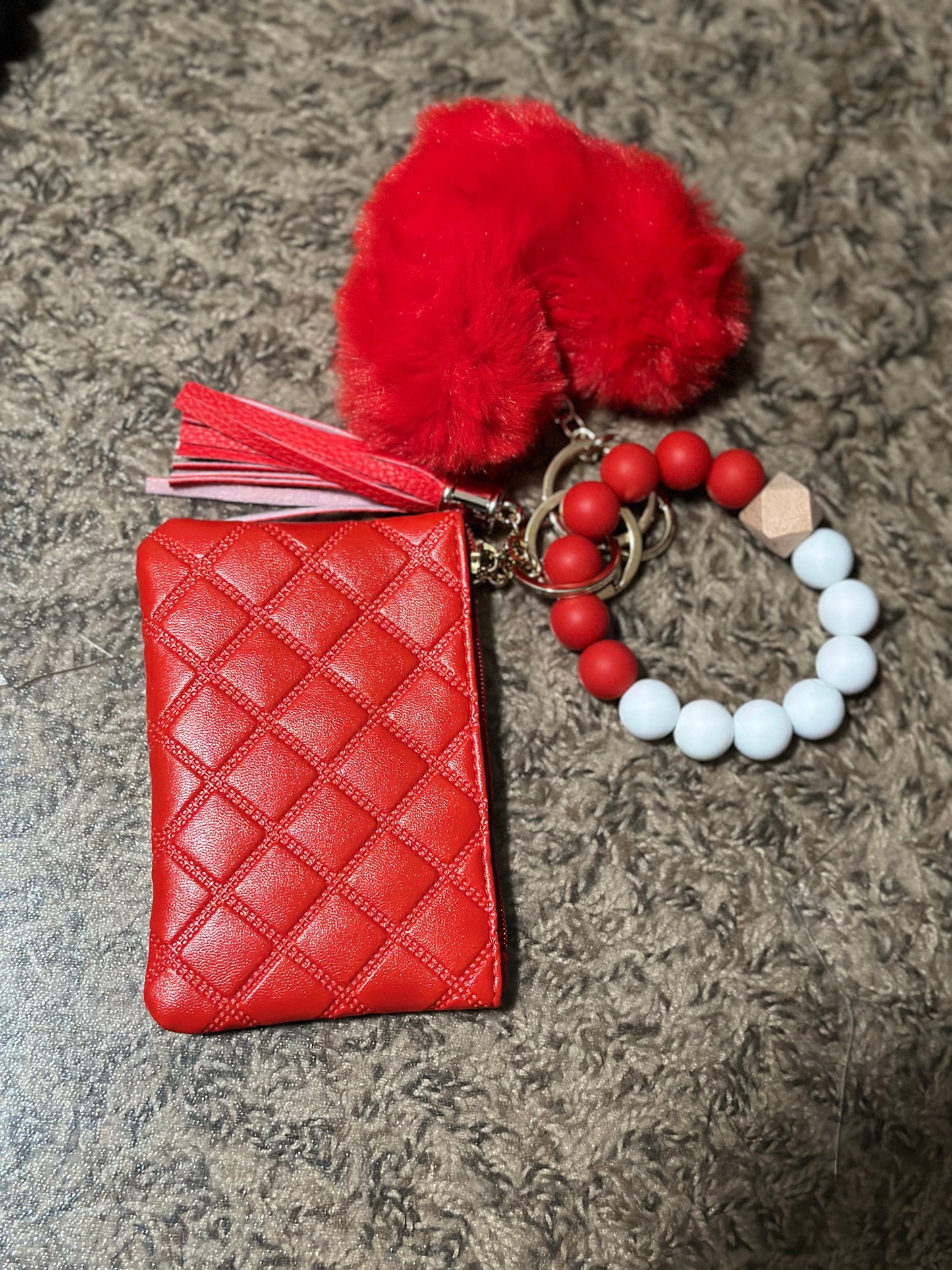 Wristlet Keychain With Wallet Card/Money Holder with Heart Shaped Pom Pom Beaded Bracelet