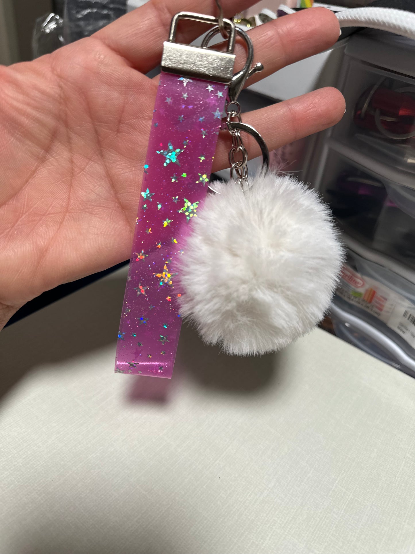 Transparent Jelly Keychain Holographic Stars Wristlet with Pom Pom Assorted Colors