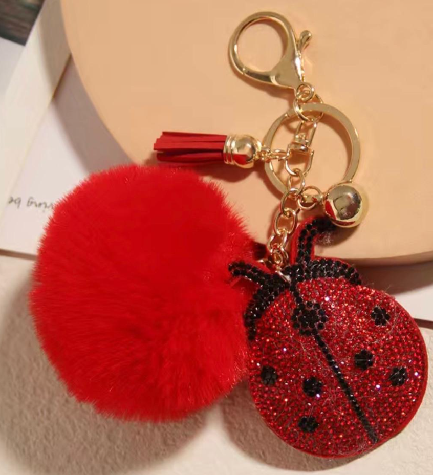 Red Rhinestone Ladybug Keychain with Tassel and Pom Pom