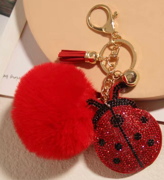 Red Rhinestone Ladybug Keychain with Tassel and Pom Pom