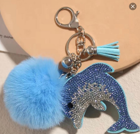 Dolphin with Rhinestones and Pom Pom Keychain